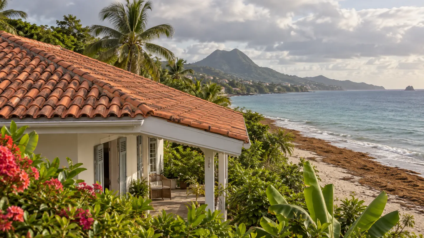 Illustration d’une maison du littoral martiniquais avec couverture en terre cuite