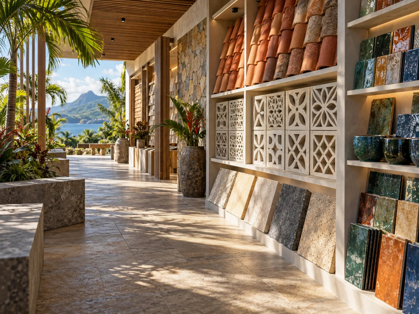 Projection d’un parcours de matériaux, tuiles et claustras dans un showroom tropical
