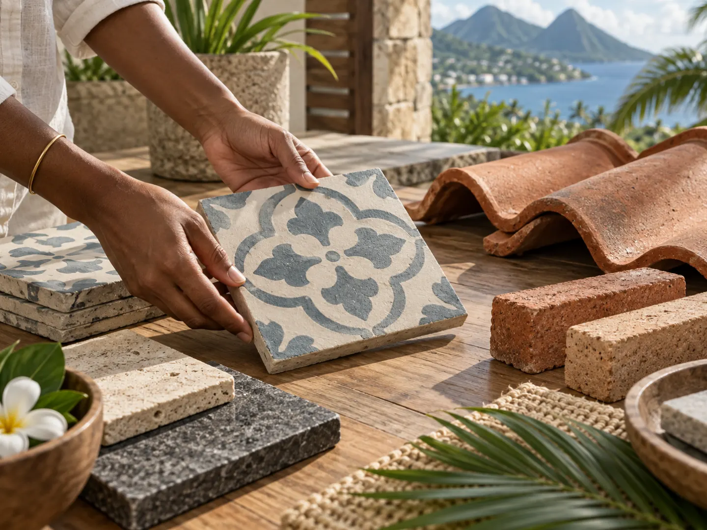 Projection d’une table d’échantillons avec carreaux, briques et pierres
