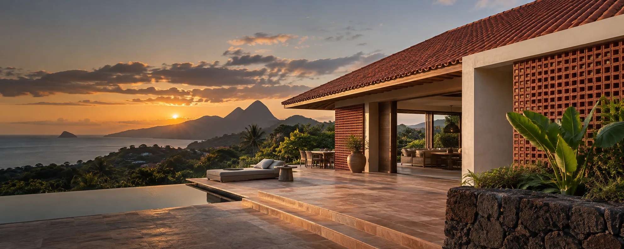 Architecture tropicale, toiture en terre cuite et jardin luxuriant en Martinique