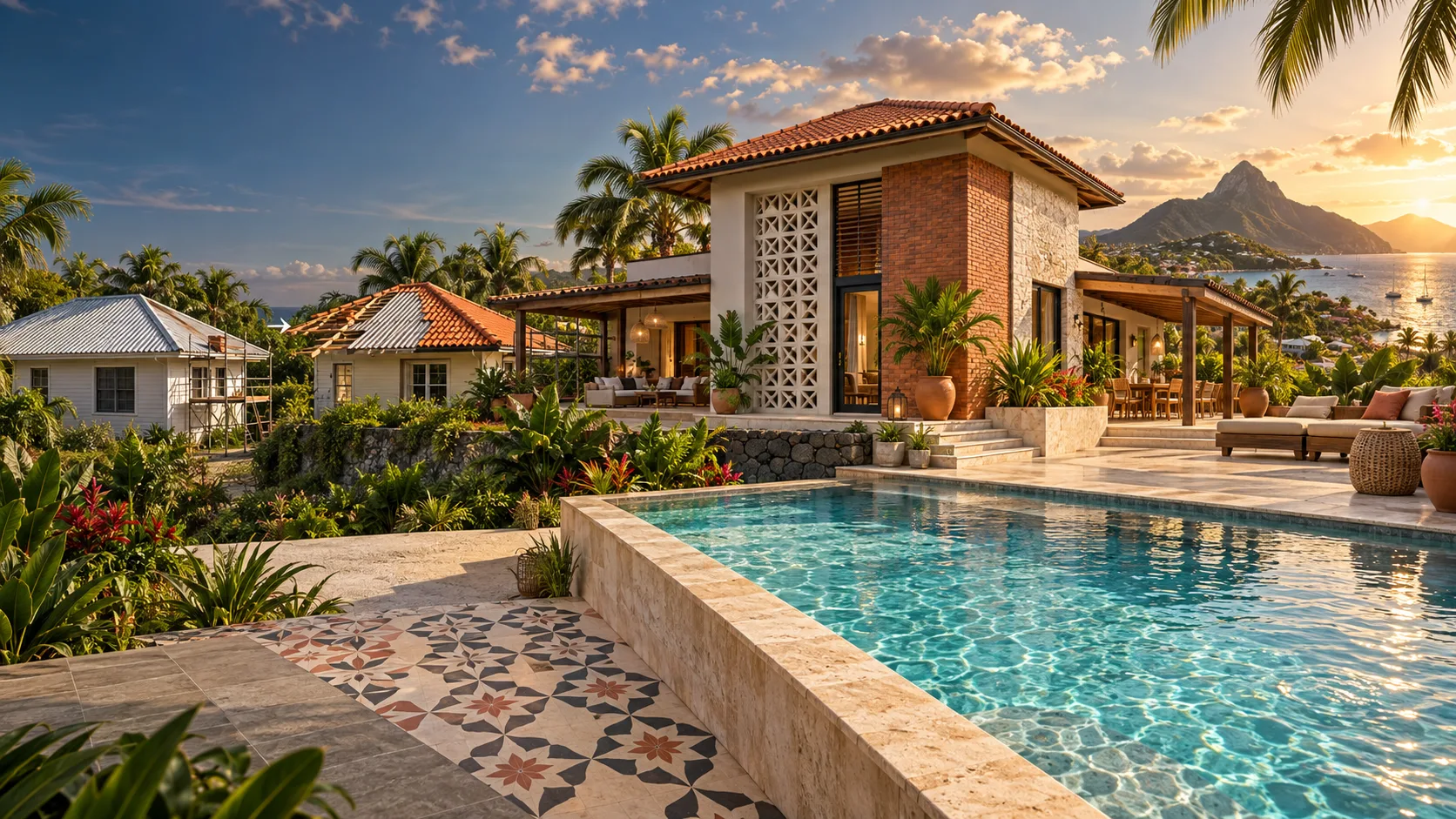 Réalisation en Martinique avec transformation toiture tôle en tuiles, piscine, pierre, claustra et carrelage personnalisé